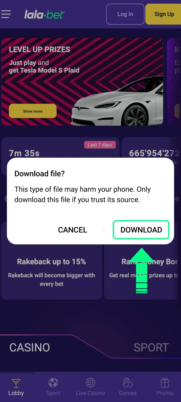 Bevestig de Android download in de pop-up van Lalabet.