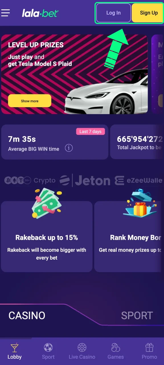 Log in of maak een nieuw account aan op Android bij Lalabet.