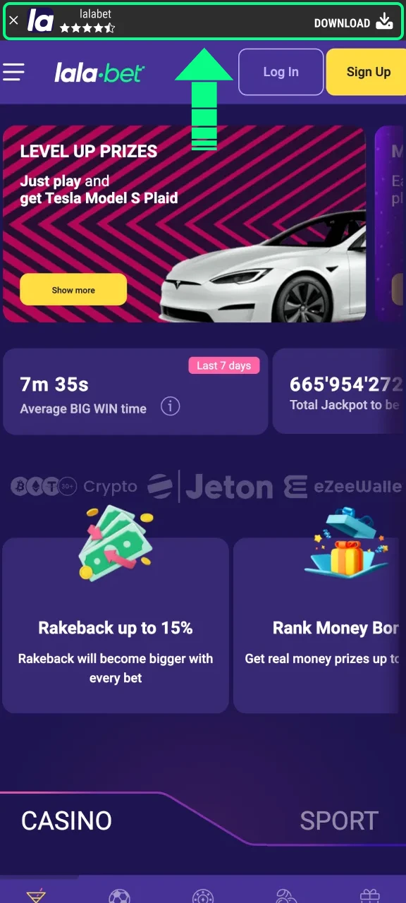 Ga naar de officiële Lalabet-website en klik op downloaden voor Android.