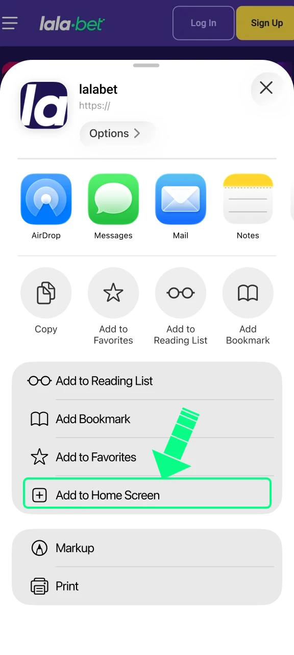 Voeg de Lalabet-snelkoppeling toe aan het iOS-beginscherm voor directe toegang.