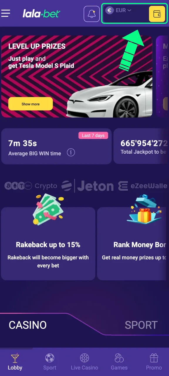 Waardeer het saldo op via de iOS-interface van Lalabet om te spelen.