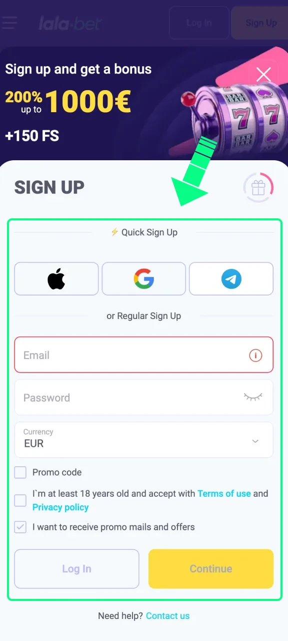 Gebruik je iOS-toestel om in te loggen of een Lalabet-account aan te maken.