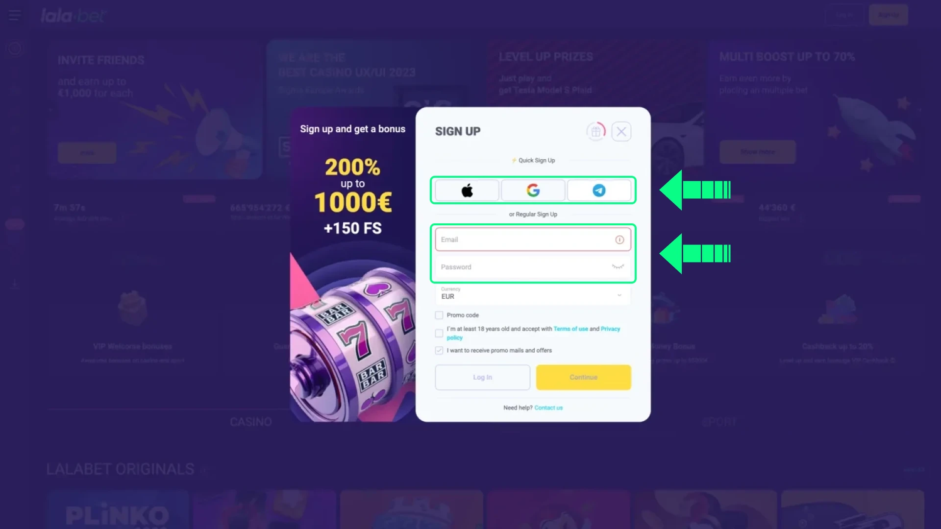 Kies een registratiemethode voor Lalabet-registratie om je account aan te maken.