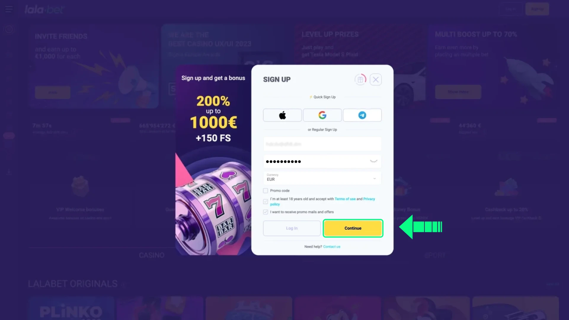 Bevestig en rond de Lalabet-registratie af om te wedden.