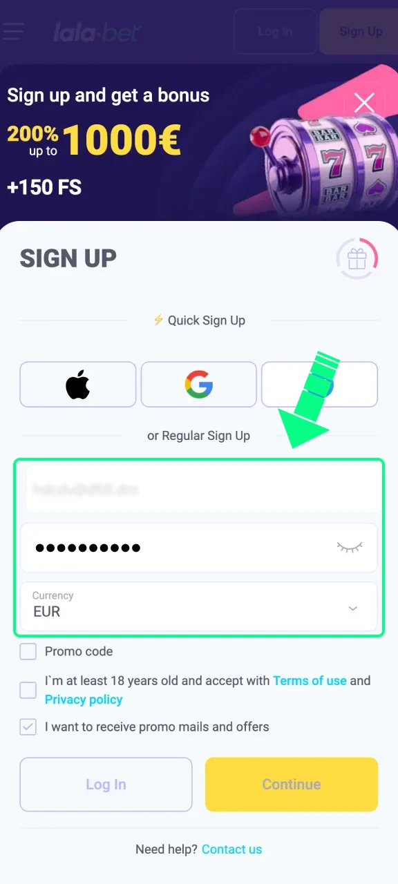 Vul alle gegevens in voor een volledige Lalabet Registratie.